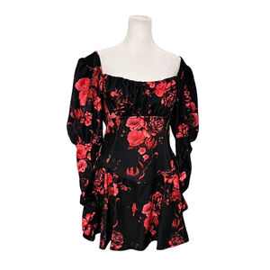 Asos Black Red Floral Puff Sleeve Mini Dress Ruched Bust Size 10 NWT
